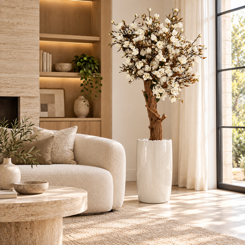 8ft White Magnolia Tree in Glossy Beige St. Tropez Planter — styled in a living room beside a sofa