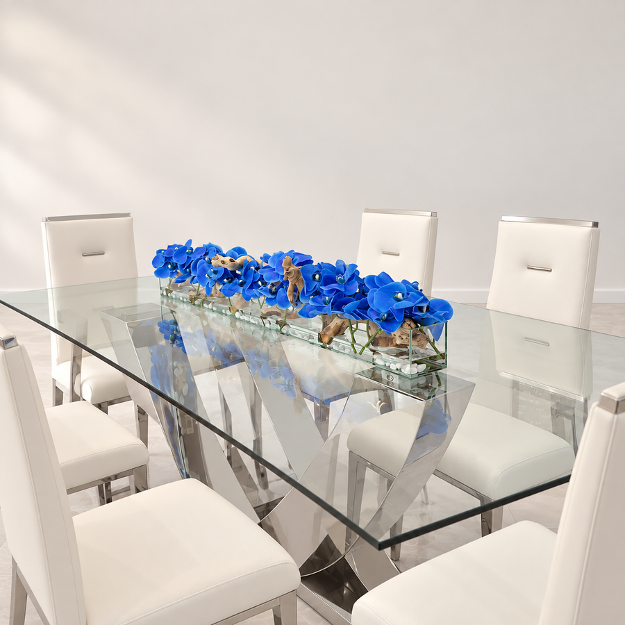 Blue Orchids in 36″ Casa Moderna Glass Plate Planter