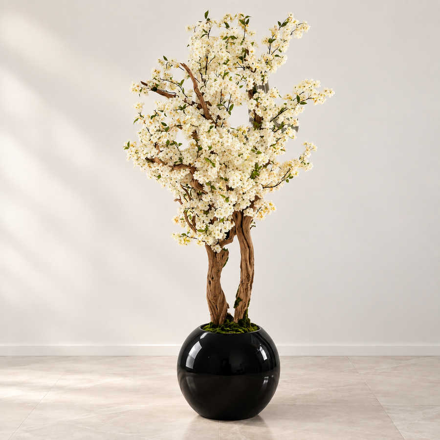 Glossy Black Globe with Cherry Blossom Tree
