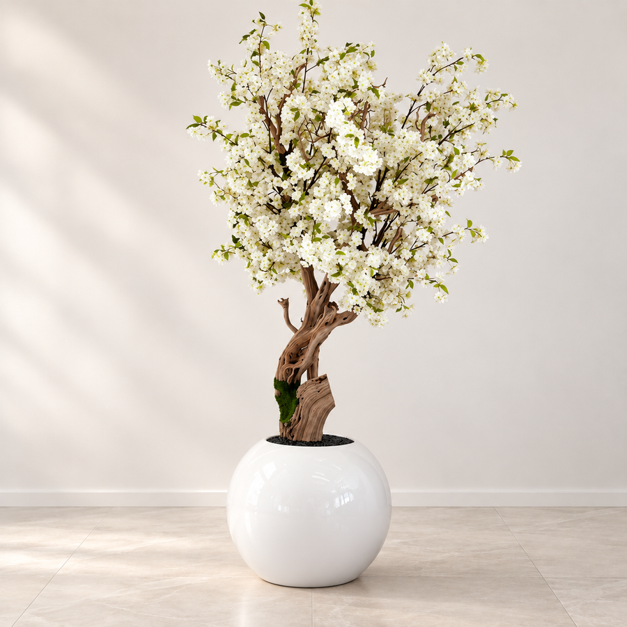 Glossy White Globe with Cherry Blossom Tree