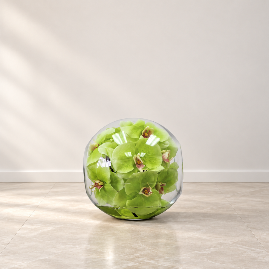 green orchids in 10″ Crosswinds vase