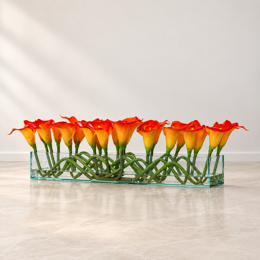 mango callas in 36″ Casa Moderna glass plate planter