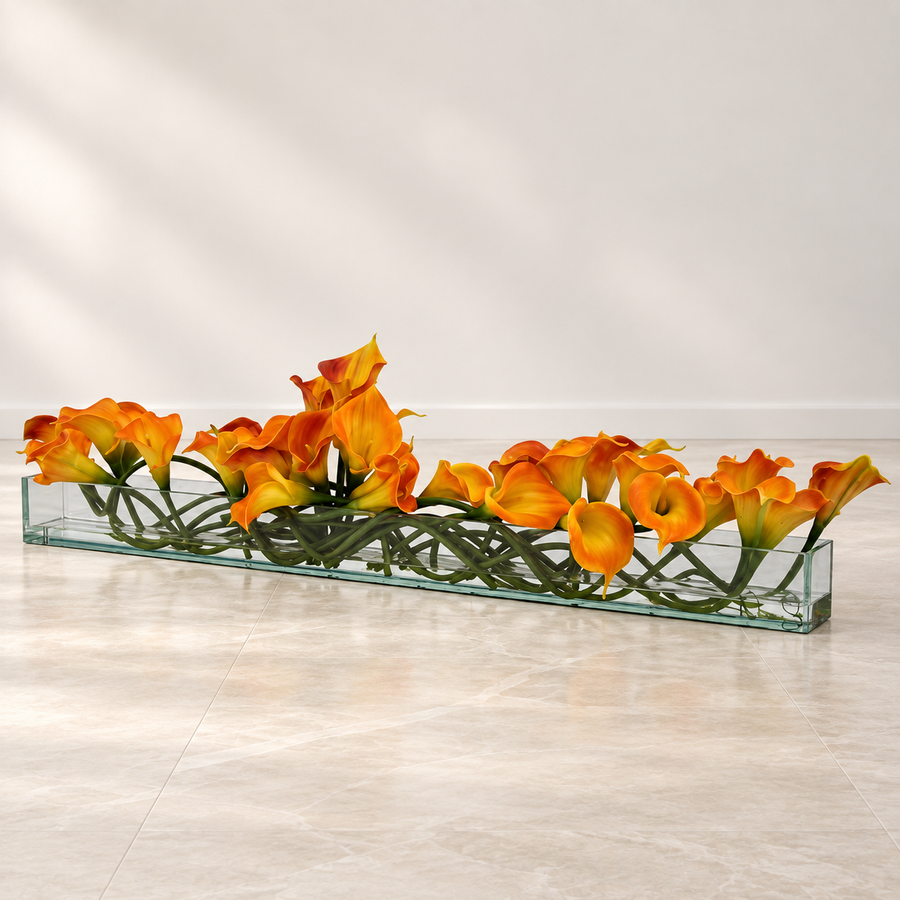 mango callas in 48″ Casa Moderna glass plate planter