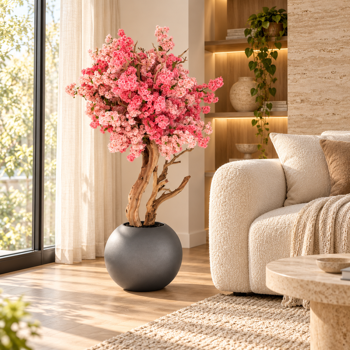 Matte Gun Metal Globe with Two Tone Made Cherry Blossom Tree — styled in a living room beside a sofa