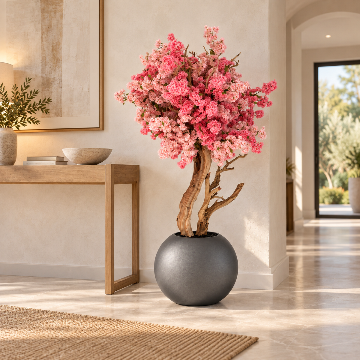 Matte Gun Metal Globe with Two Tone Made Cherry Blossom Tree — styled by a foyer console