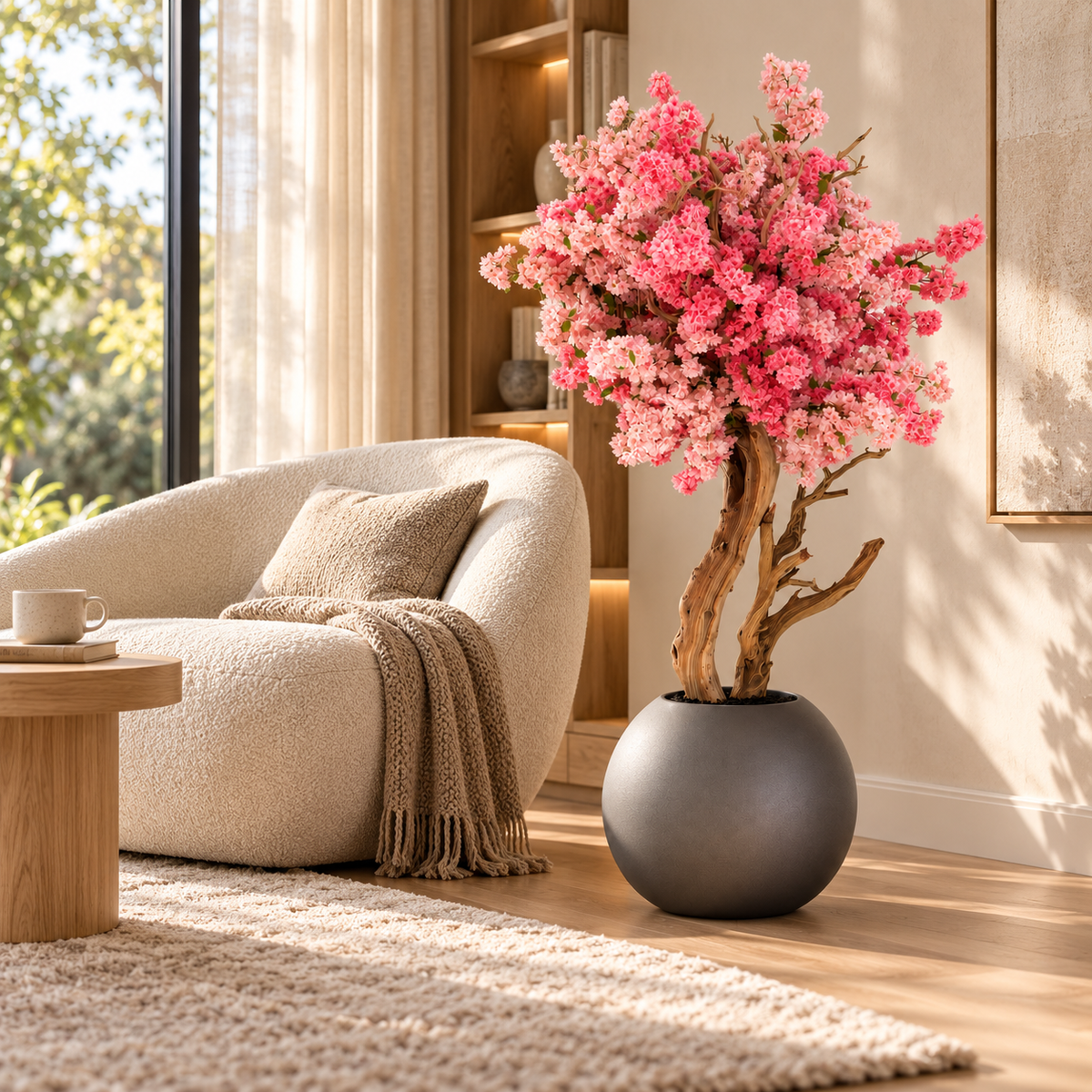 Matte Gun Metal Globe with Two Tone Made Cherry Blossom Tree — styled in a reading corner