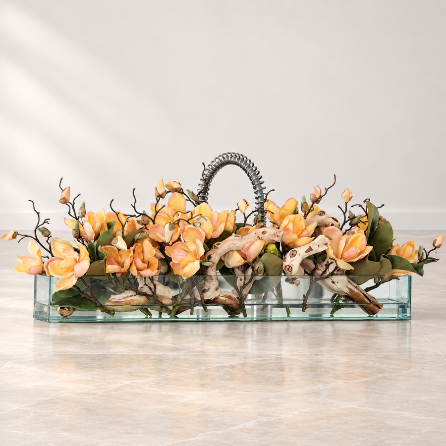 peach magnolias in 36″ Casa Moderna glass plate planter