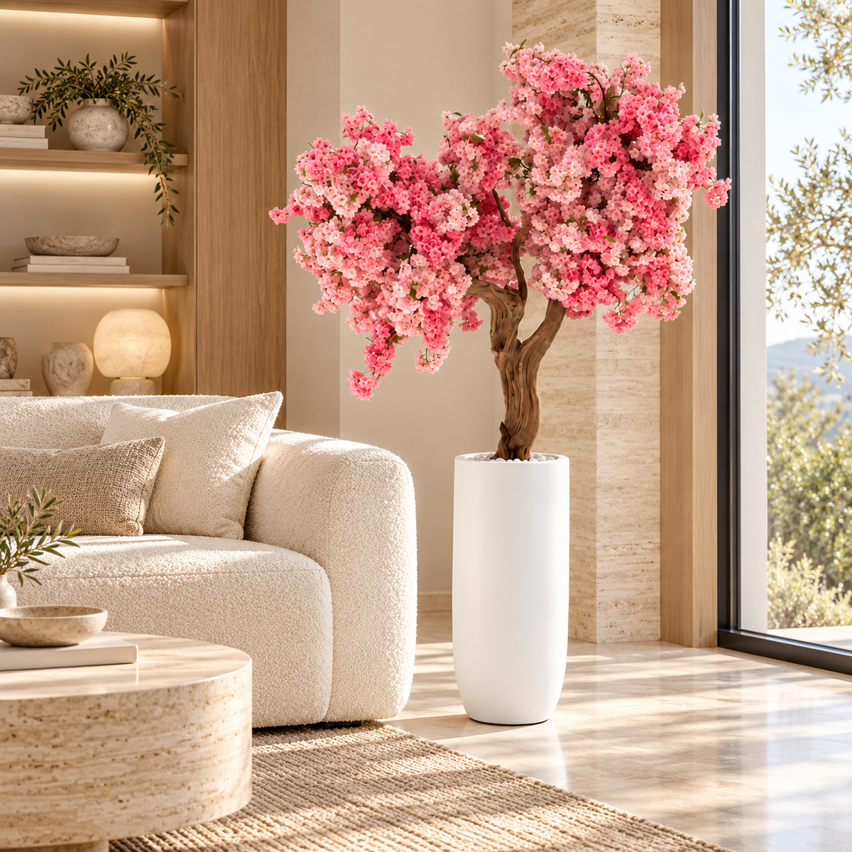 Pink Cherry Blossom Tree in Matte White St. Tropez Planter — styled in a living room beside a sofa
