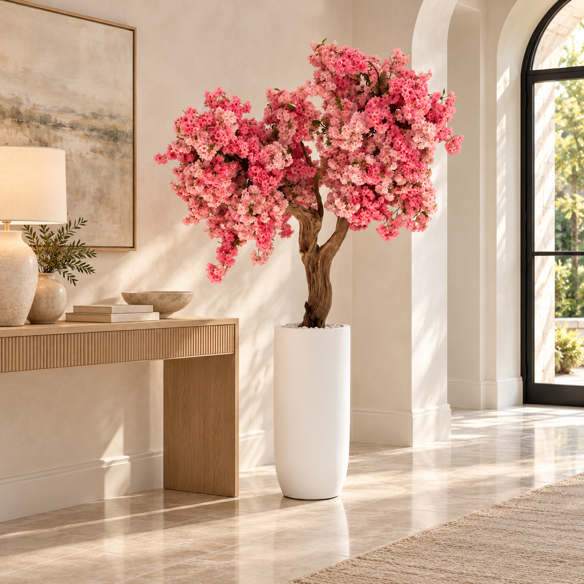 Pink Cherry Blossom Tree in Matte White St. Tropez Planter — styled by a foyer console