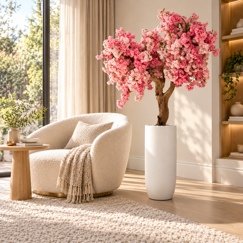 Pink Cherry Blossom Tree in Matte White St. Tropez Planter — styled in a reading corner