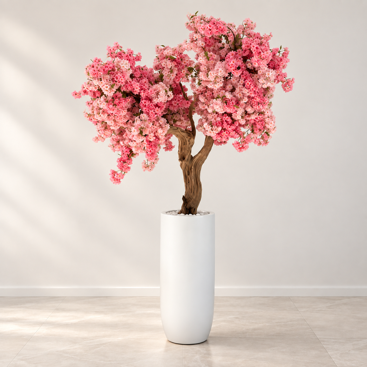 Pink Cherry Blossom Tree in Matte White St. Tropez Planter