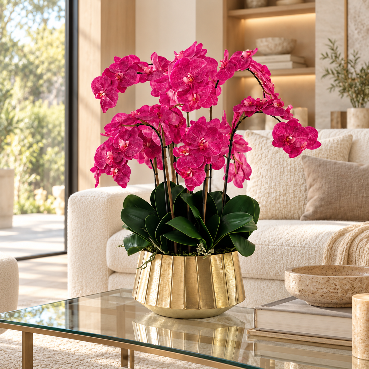 Pink Phalaenopsis Orchids in Helena Boat Planter — styled on a glass table beside a sofa