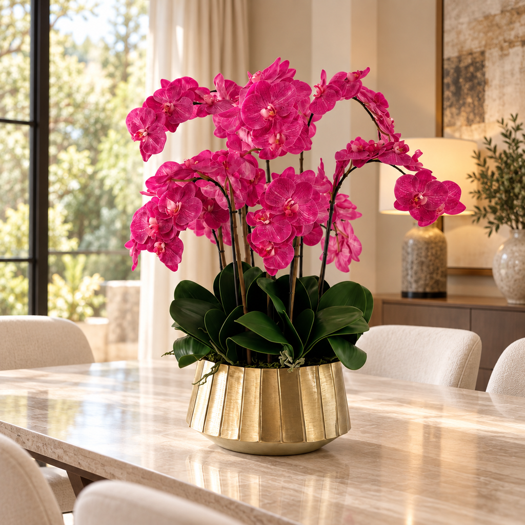 Pink Phalaenopsis Orchids in Helena Boat Planter — styled as a dining table centerpiece