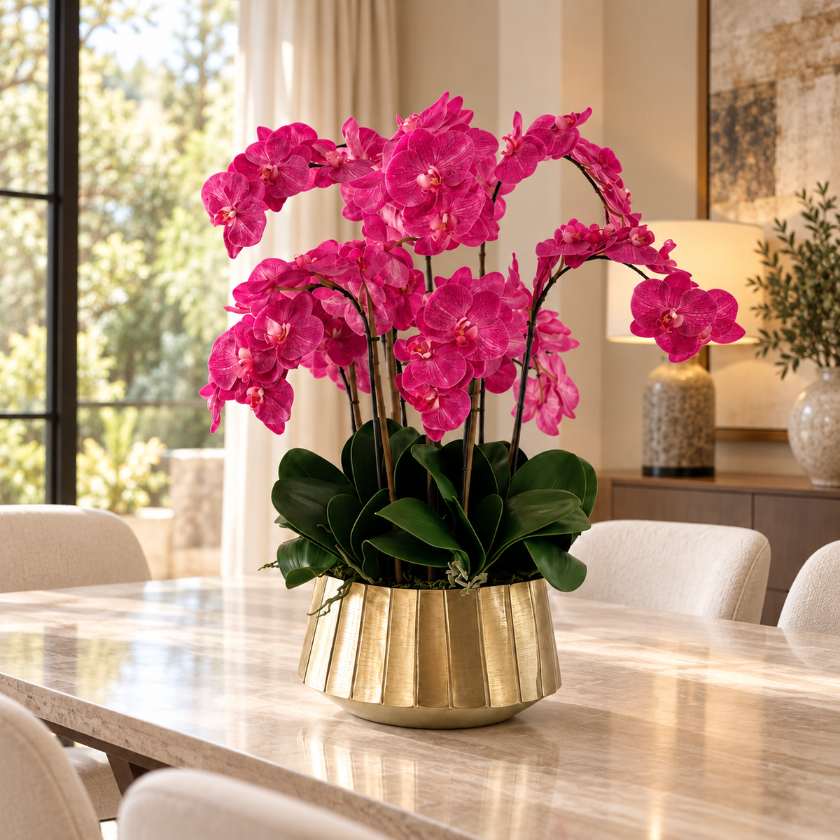 Pink Phalaenopsis Orchids in Helena Boat Planter — styled as a dining table centerpiece