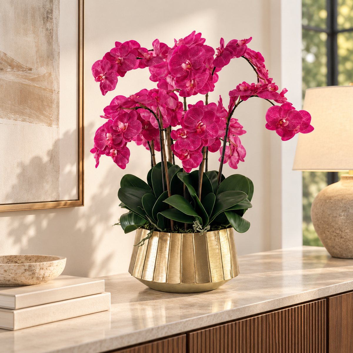 Pink Phalaenopsis Orchids in Helena Boat Planter — styled on a living room console