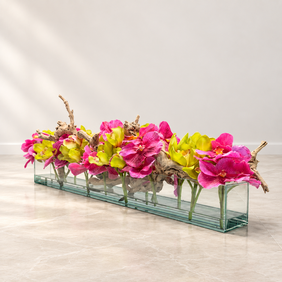 Pink Vandas And Green Cymbidiums in Casa Moderna Glass Planter