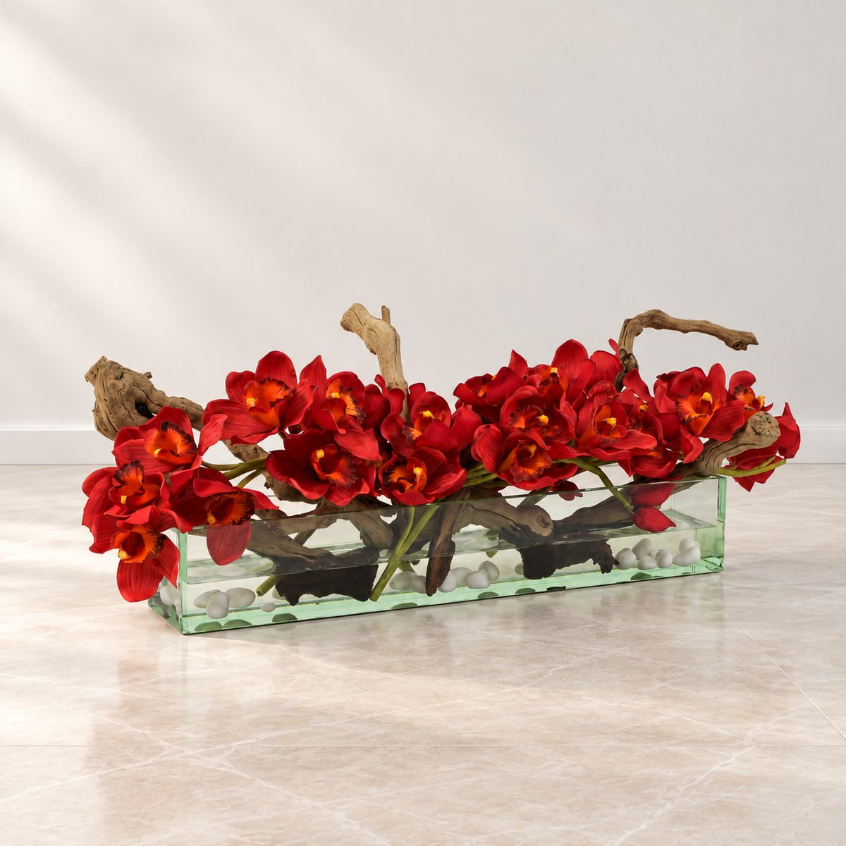 red Cymbidiums in 24″ Casa Moderna glass plate planter