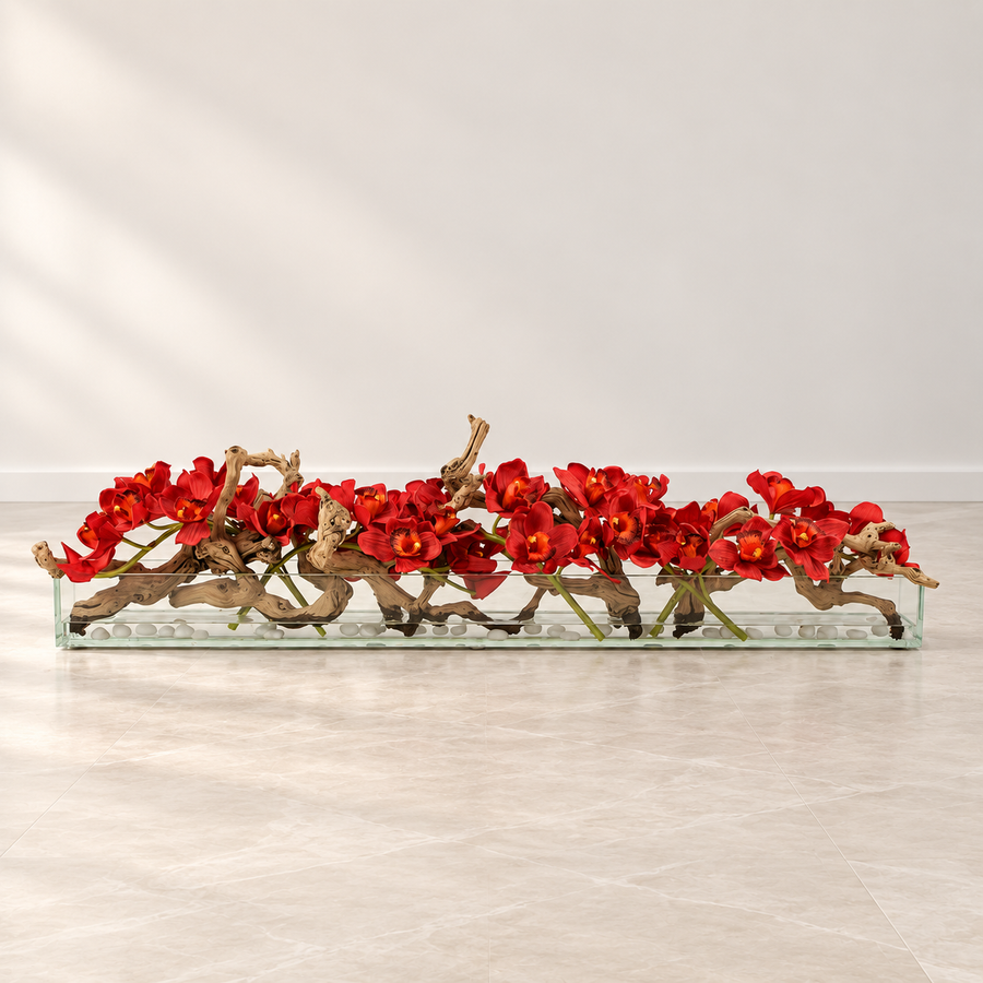 red Cymbidiums in 48″ Casa Moderna glass plate planter