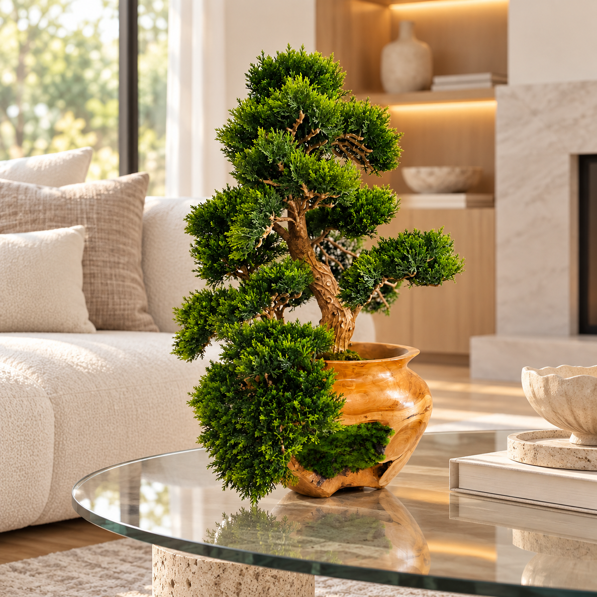 Small Bonsai Tree in Hand Carved Teak Vase — styled on a glass table beside a sofa