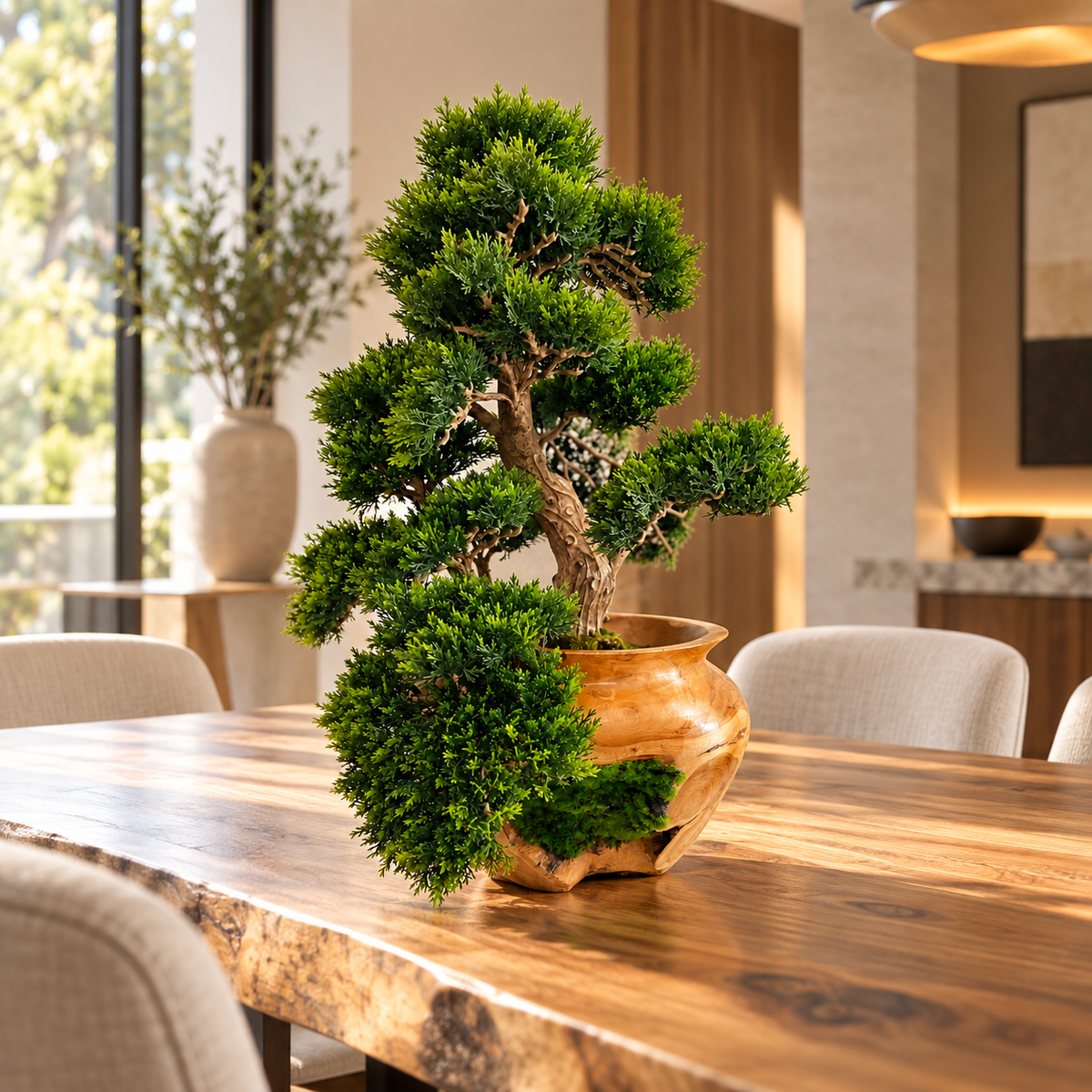 Small Bonsai Tree in Hand Carved Teak Vase — styled as a dining table centerpiece