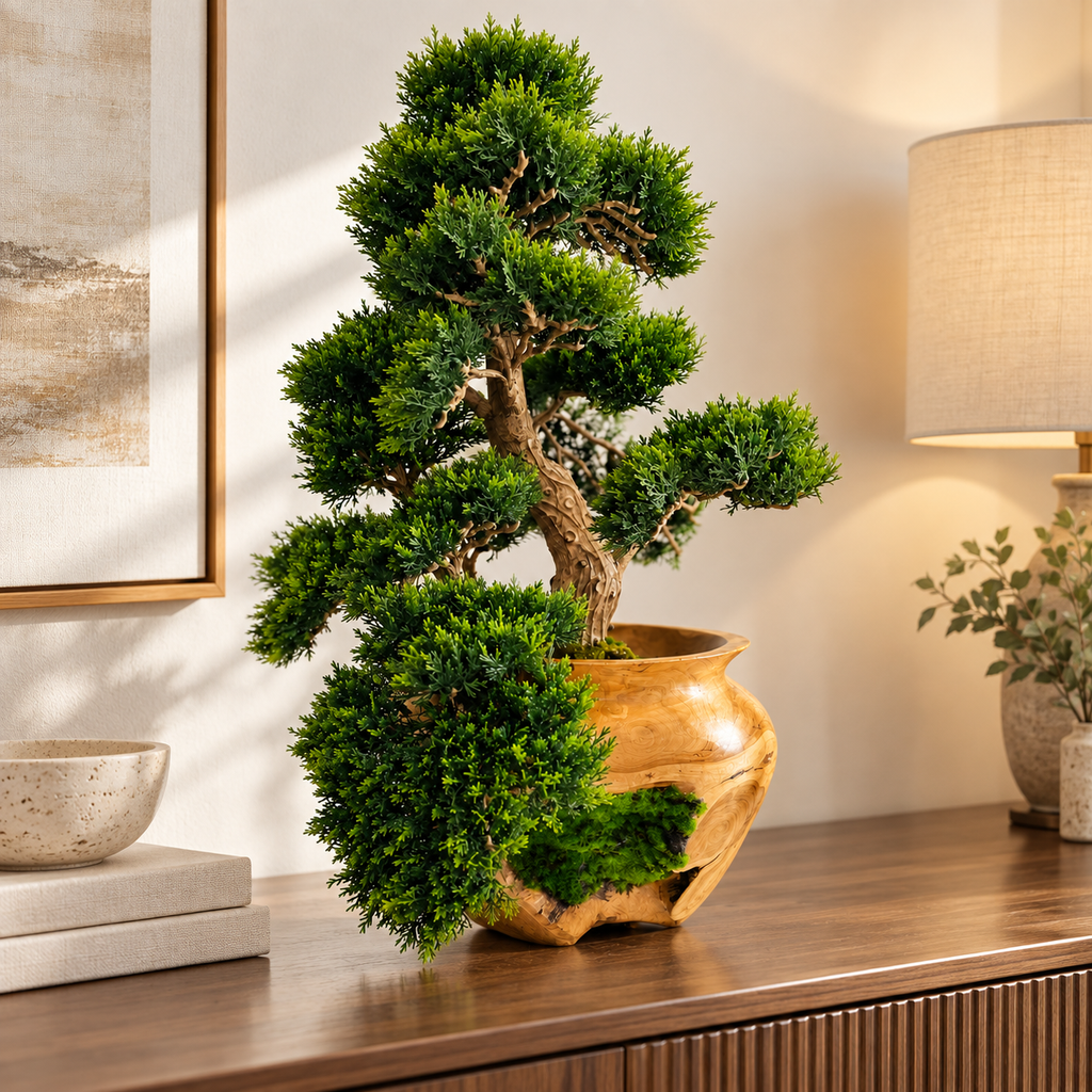 Small Bonsai Tree in Hand Carved Teak Vase — styled on a living room console