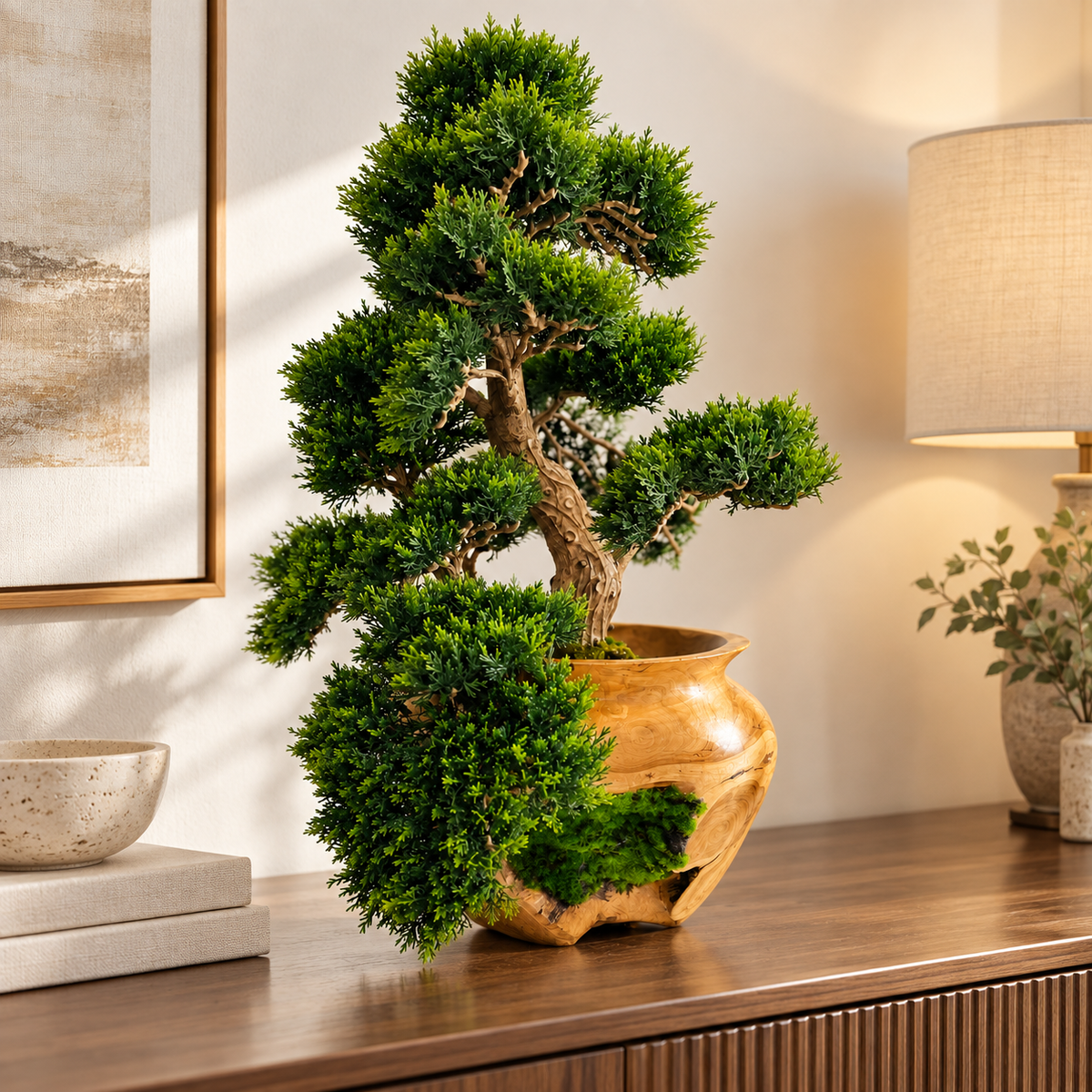 Small Bonsai Tree in Hand Carved Teak Vase — styled on a living room console