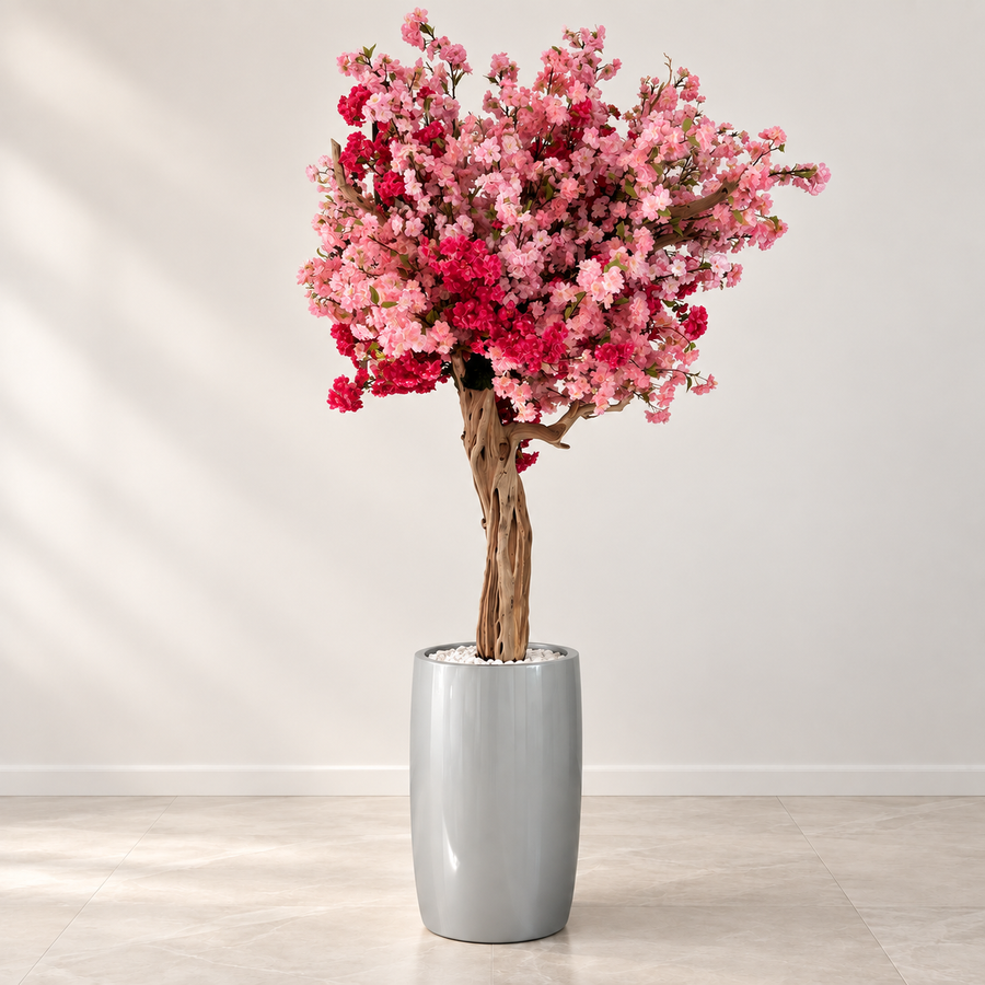 Tri Color Pink Cherry Blossom Tree in Glossy Silver Lisbon Planter