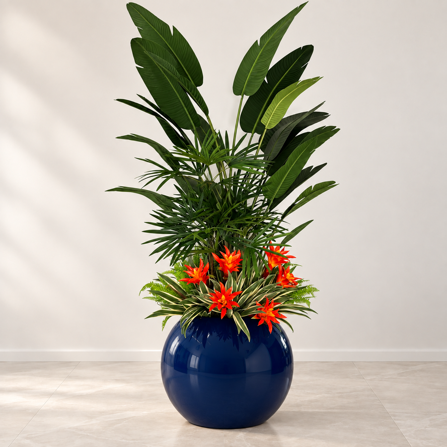 Tropical Mix Plants in Cobalt Blue Globe Planter