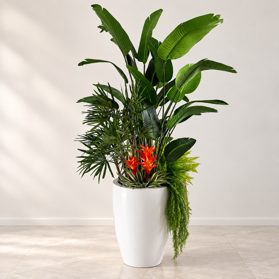 Tropical Mix Plants in Glossy White Brannan Planter