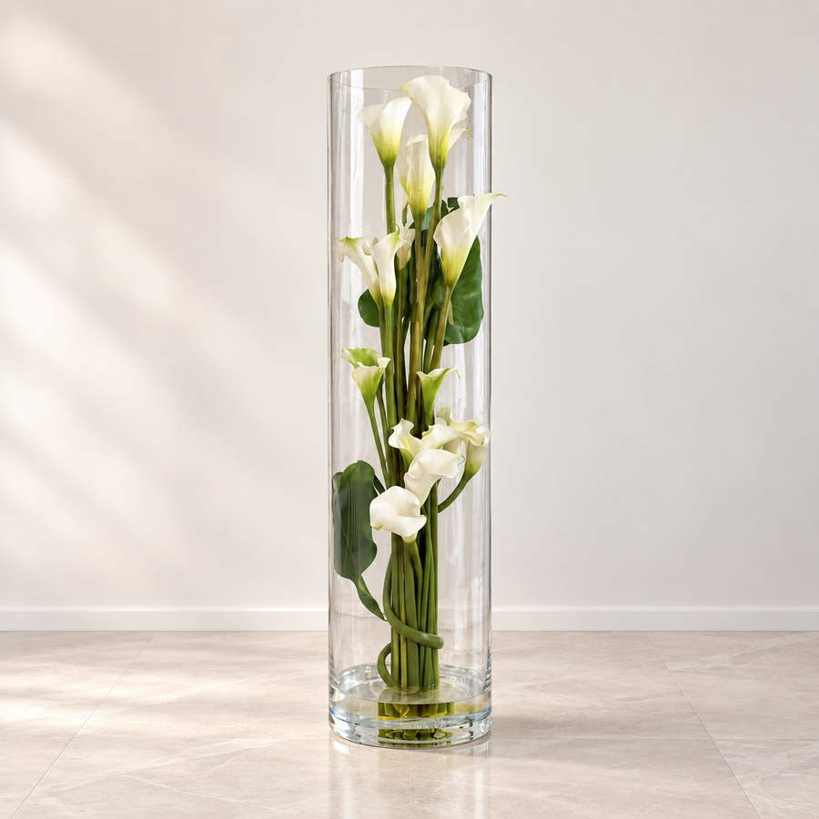 White Calla Lilies and Leaves in Rota Cylinder
