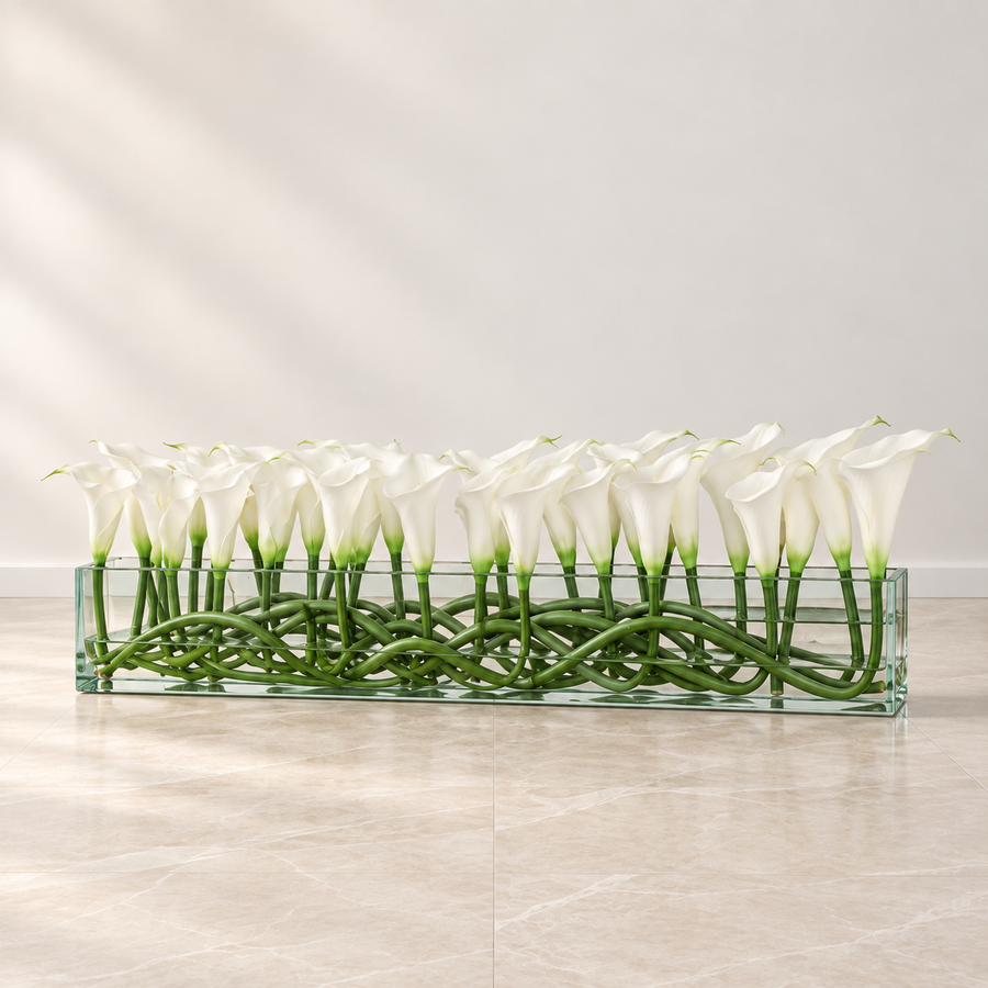 white callas in 48″ Casa Moderna glass plate planter