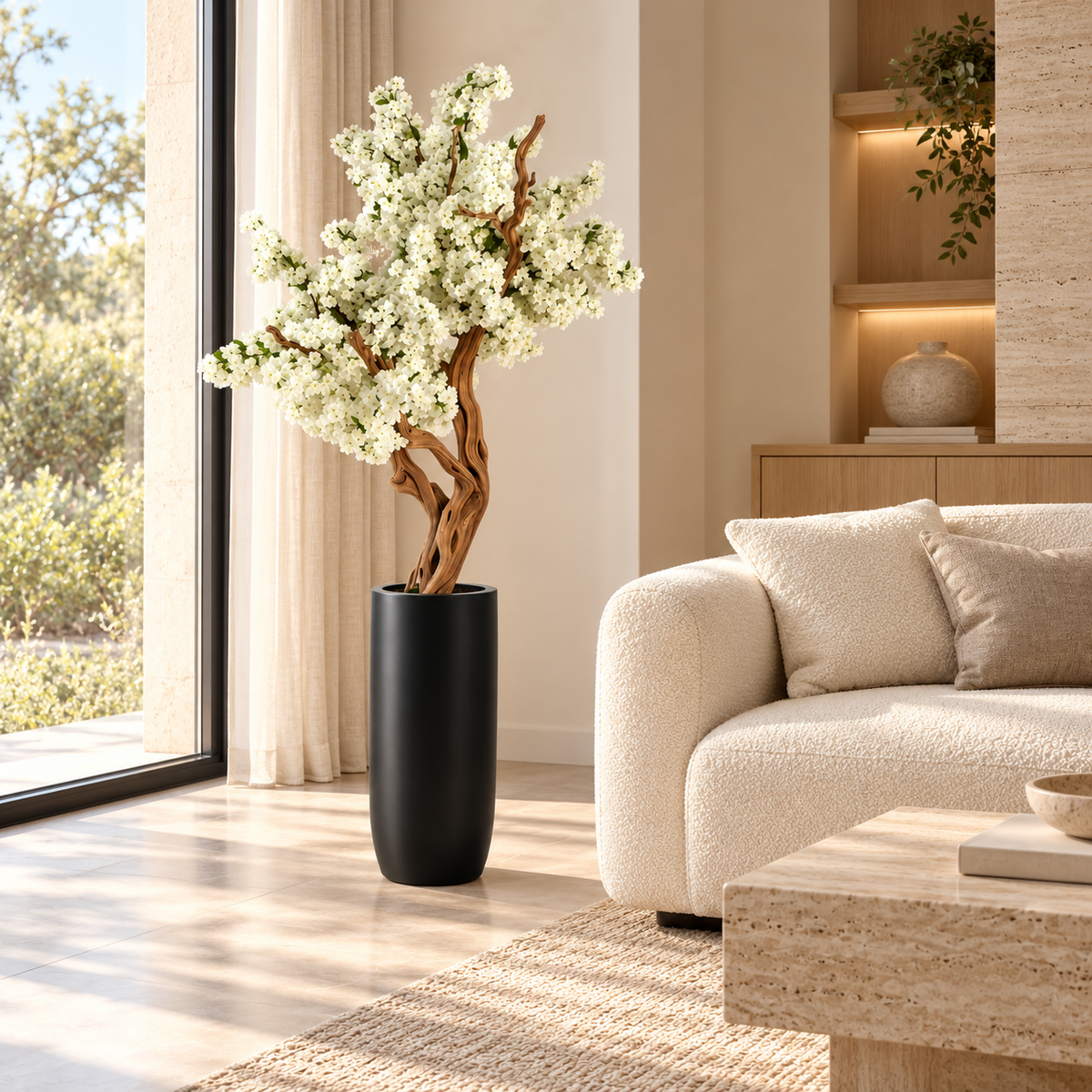 White Cherry Blossom Tree in Matte Black St. Tropez Planter — styled in a living room beside a sofa