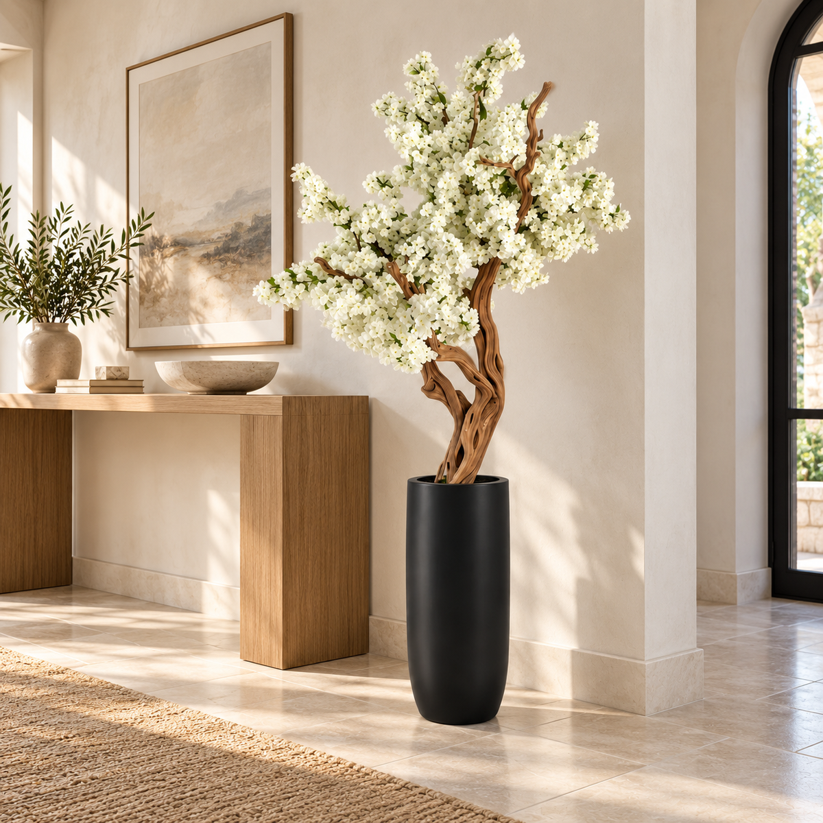 White Cherry Blossom Tree in Matte Black St. Tropez Planter — styled by a foyer console