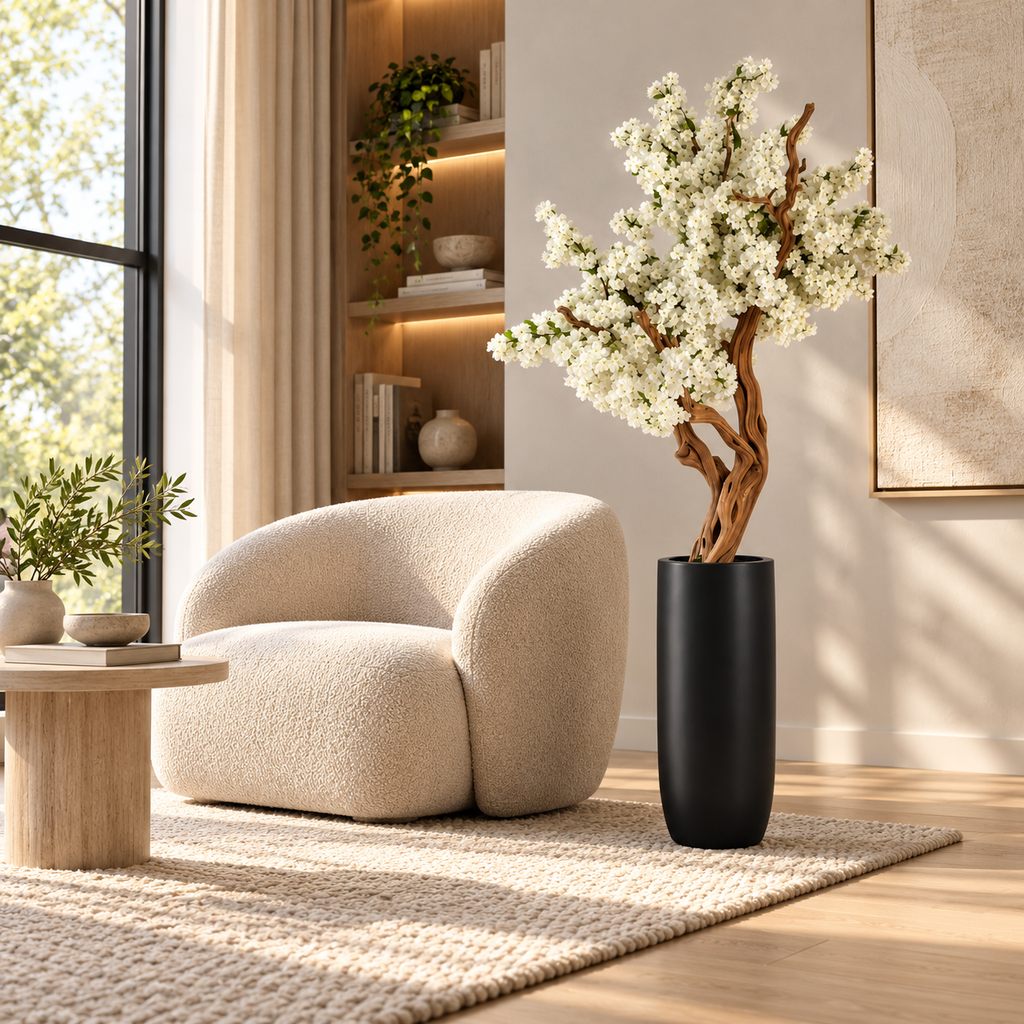 White Cherry Blossom Tree in Matte Black St. Tropez Planter — styled in a reading corner