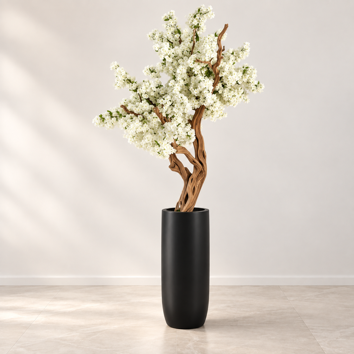 White Cherry Blossom Tree in Matte Black St. Tropez Planter
