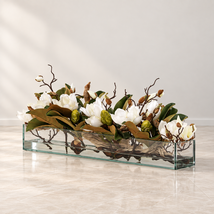 white magnolias in 36″ Casa Moderna glass plate planter
