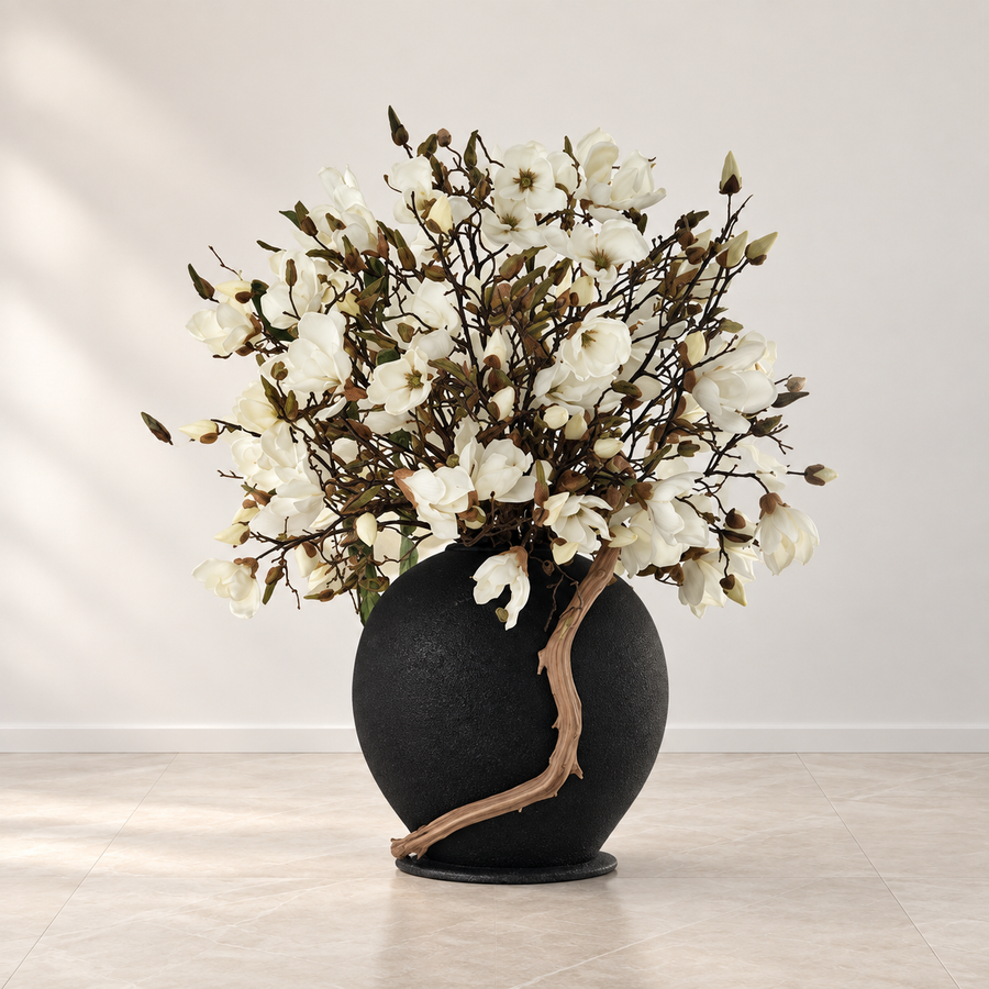 White Magnolias in Black Konos Vase