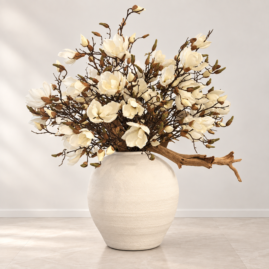 White Magnolias in White Konos Vase