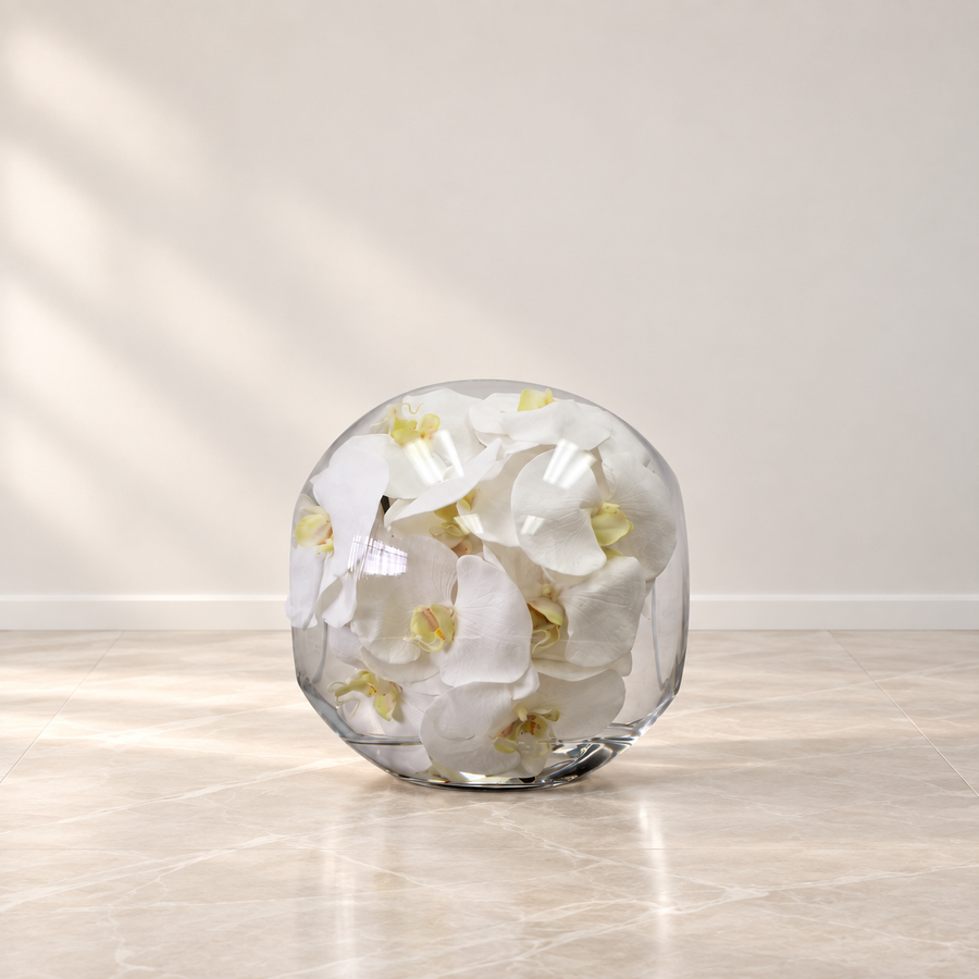 white orchids in 10″ Crosswinds vase