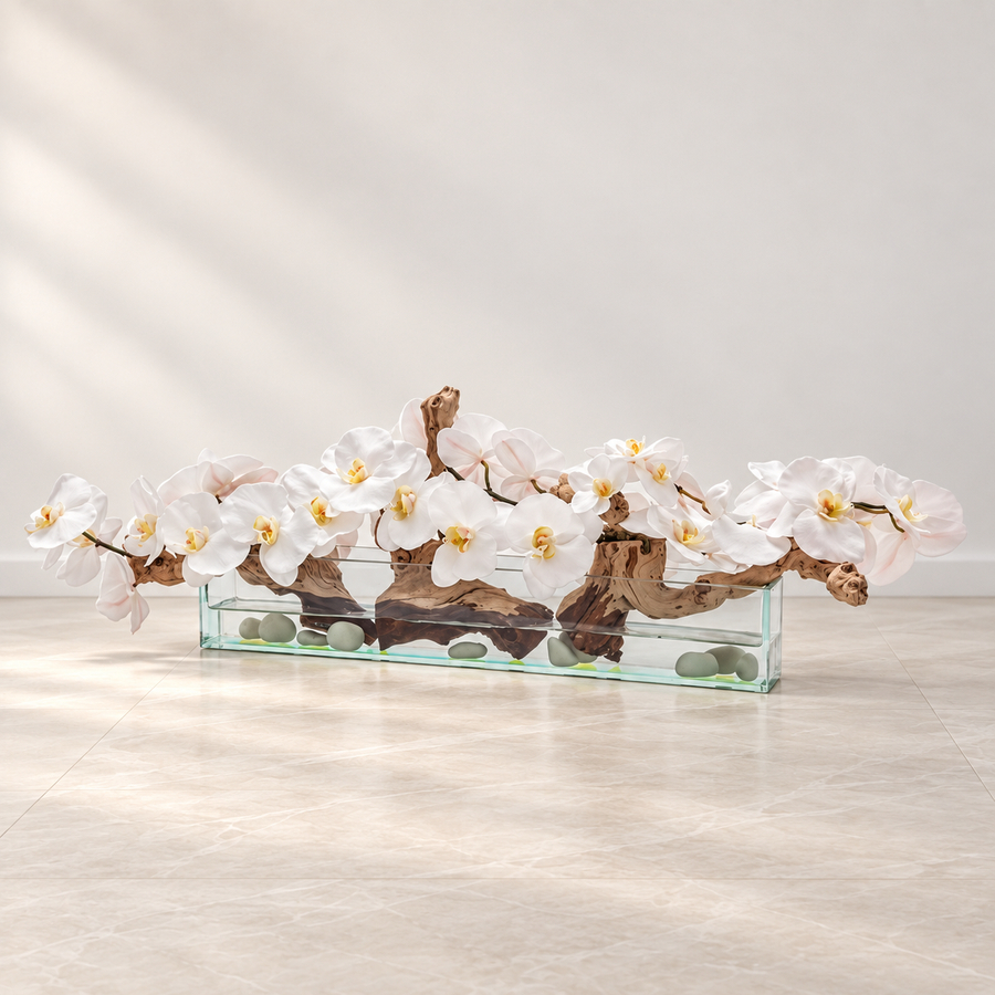 white orchids in 24″ Casa Moderna Glass Plate Planter