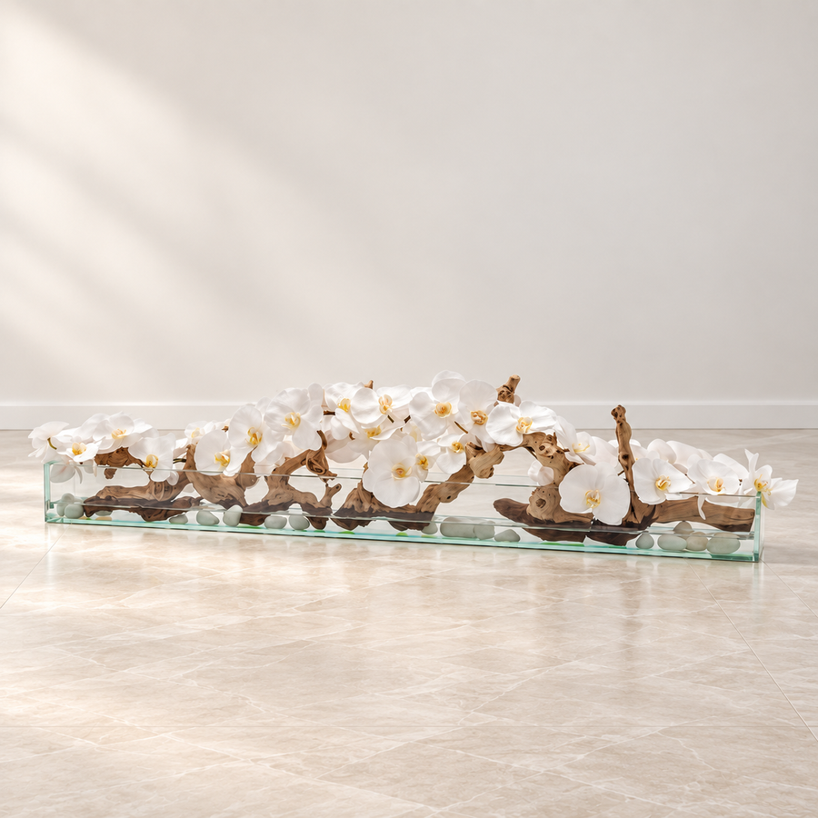 white orchids in 48″ Casa Moderna Glass Plate Planter