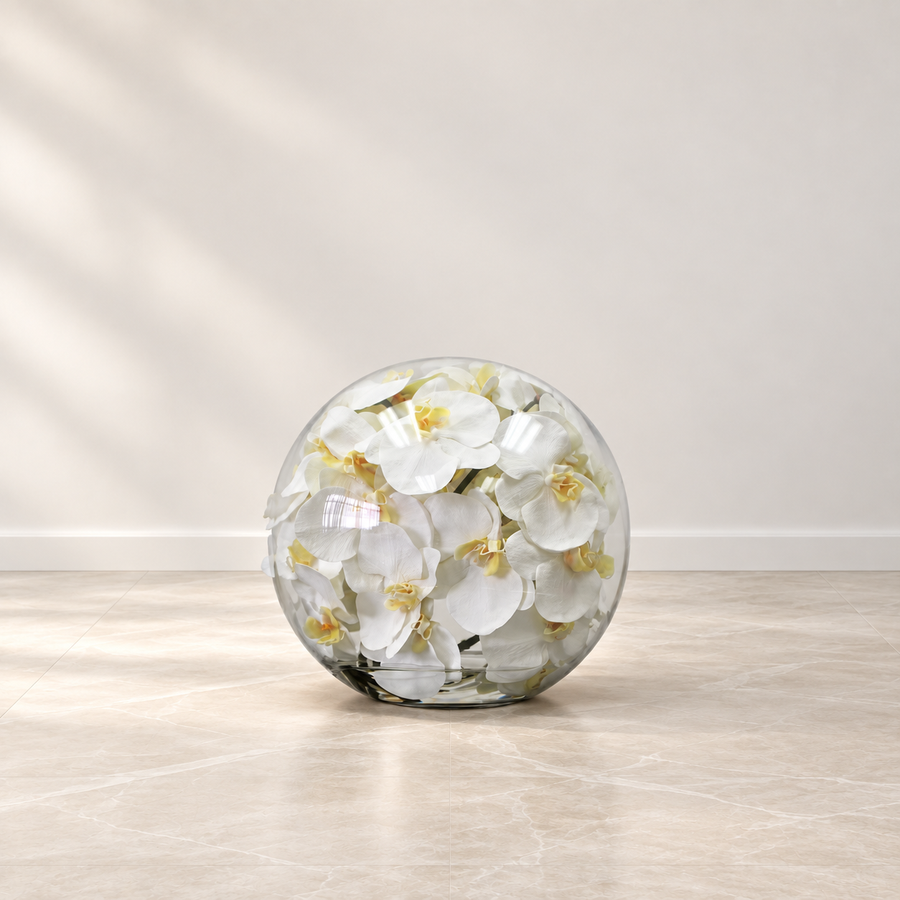 white orchids in 12″ Crosswinds vase