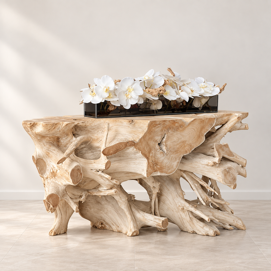 white Phalaenopsis orchids in 36″ Casa Moderna Black Tinted Glass Plate Planter