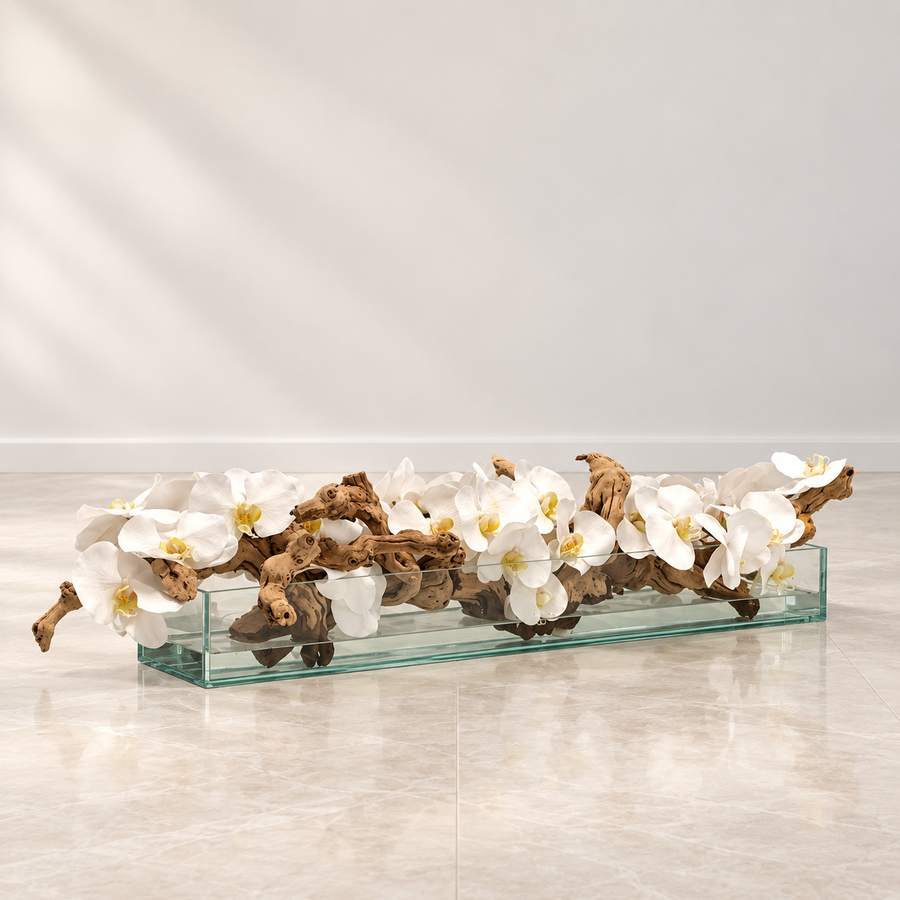 white Phalaenopsis orchids in 36″ Casa Moderna Glass Plate Planter