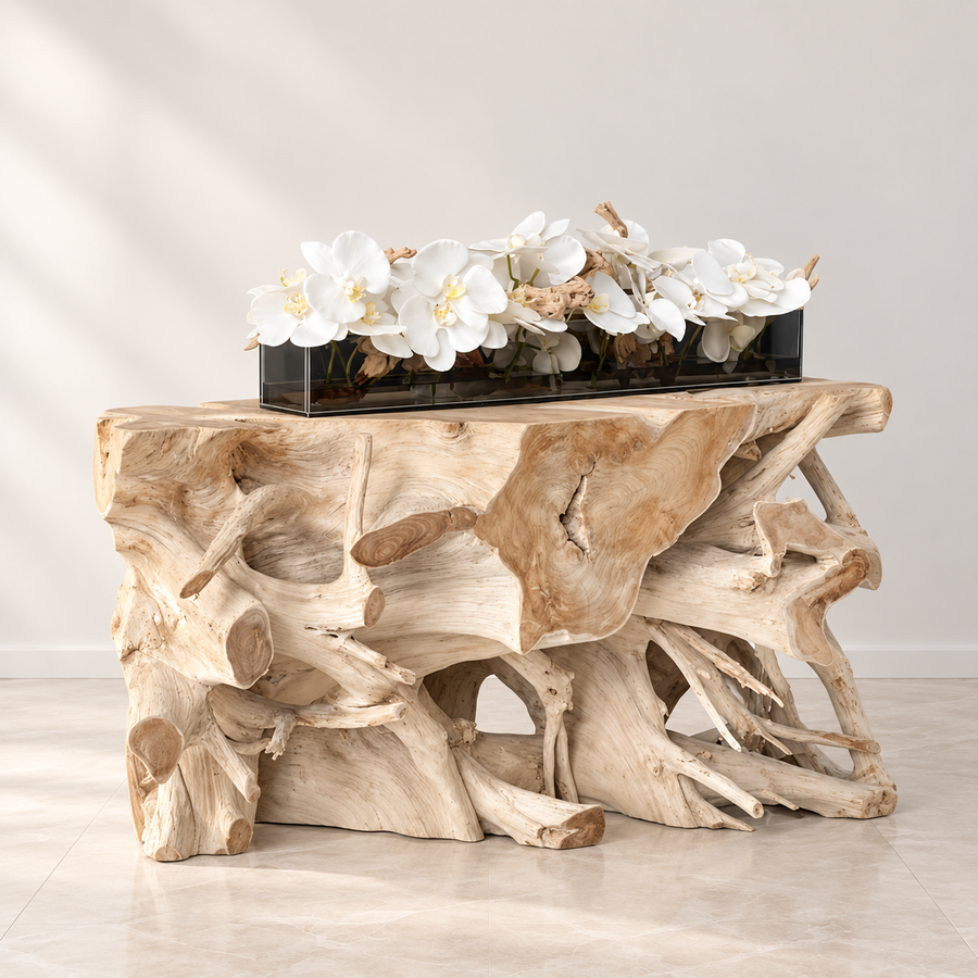 white Phalaenopsis orchids in 48″ Casa Moderna Black Tinted Glass Plate Planter